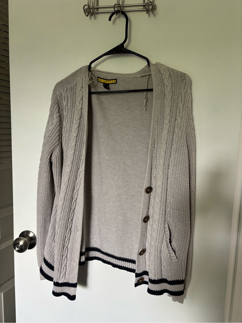 Prince & Fox Light Gray Cable Knit Cardigan with Black Trim